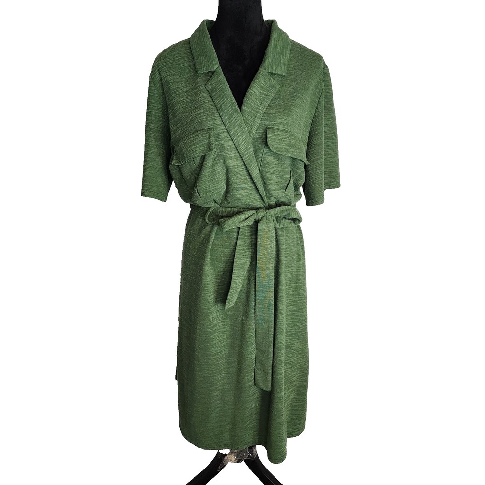 ASOS Design Size 20 Green Slub Belted Short Sleeve Midi Shirt Dress Pockets EUC